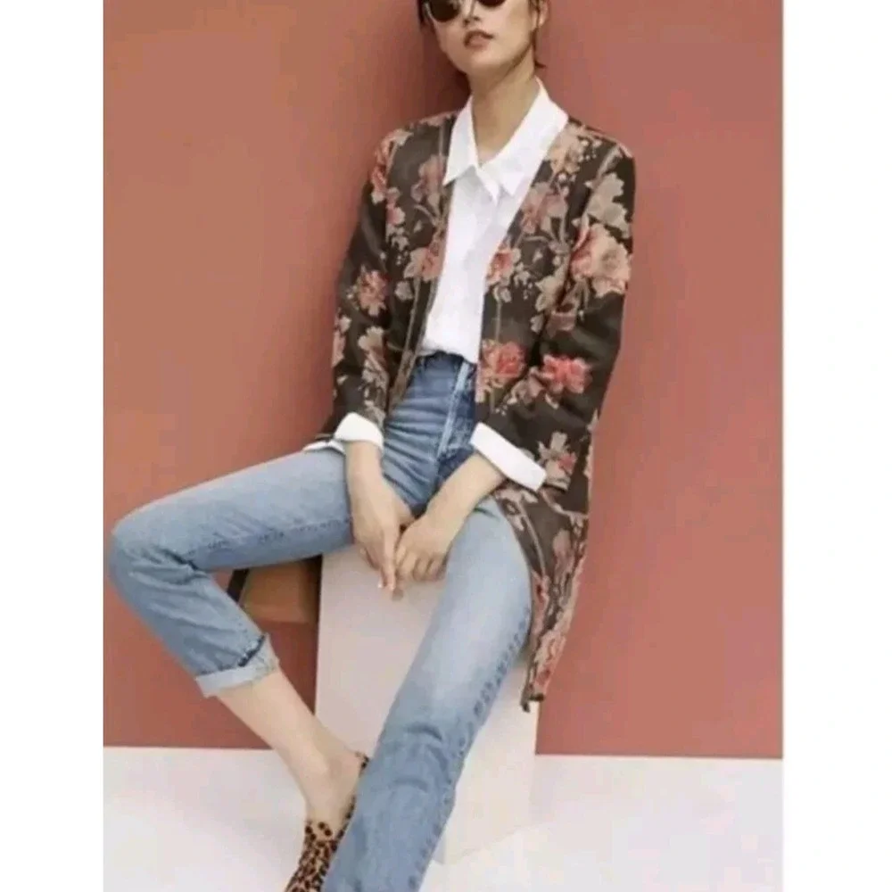 NWOT Anthropologie Solitaire Floral‎ Duster Open Front Cardigan Boho Vegan Suede